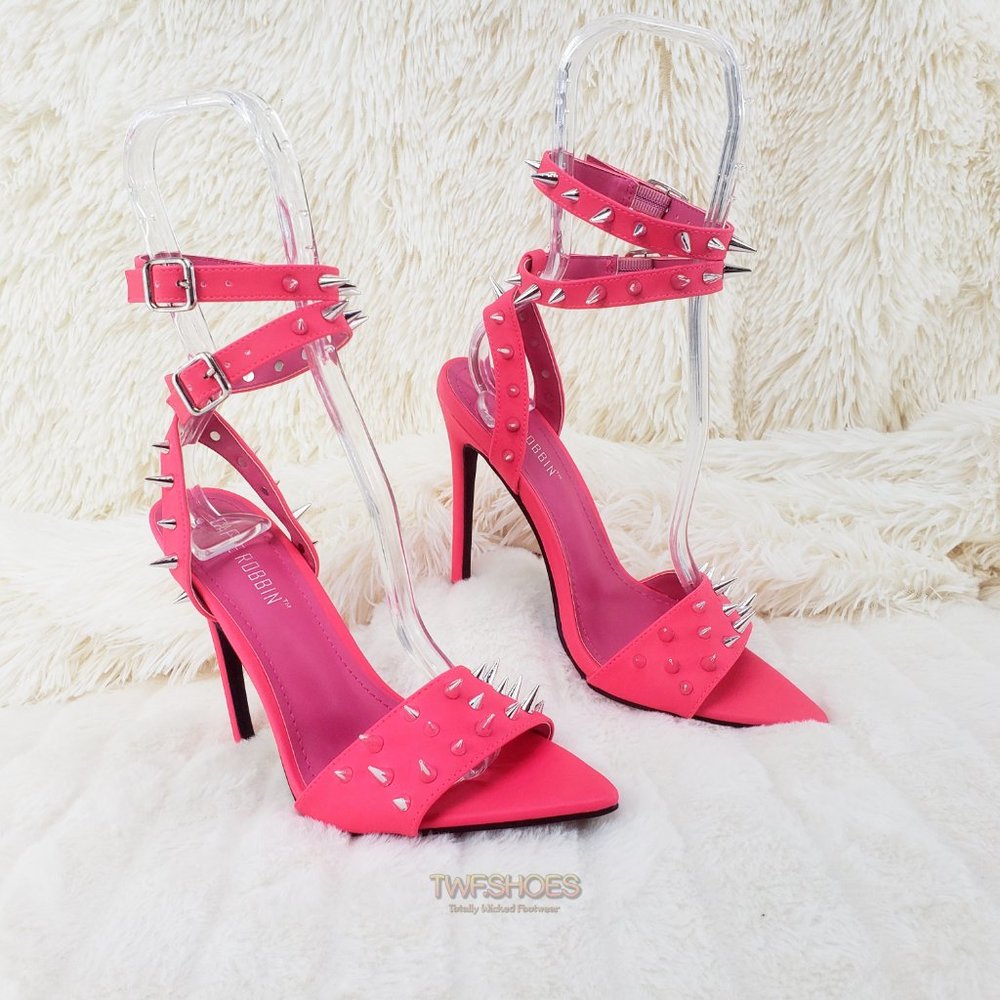 Hot Pink Spike Stud Double Strap High Heel Shoes - Picture 15 of 16